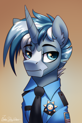 Size: 2000x3000 | Tagged: safe, artist:jedayskayvoker, imported from derpibooru, oc, pony, unicorn, badge, blaze (coat marking), bust, clothes, coat markings, eyebrows, eyebrows visible through hair, facial markings, horn, icon, male, necktie, patreon, patreon reward, police, police officer, police pony, portrait, solo, stallion, unicorn oc