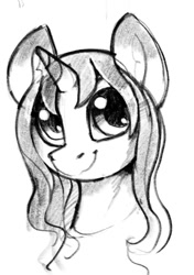 Size: 961x1365 | Tagged: safe, artist:dimfann, imported from derpibooru, oc, oc only, oc:sylvine, pony, unicorn, aside glance, bust, female, grayscale, looking at you, monochrome, portrait, simple background, smiling, smiling at you, solo, three quarter view, traditional art, white background