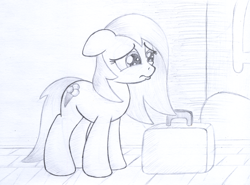 Size: 1164x862 | Tagged: safe, artist:legeden, imported from derpibooru, oc, oc only, briefcase, crying, monochrome, sad, solo, traditional art, train