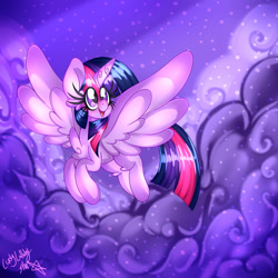 Size: 1280x1280 | Tagged: safe, artist:ladylullabystar, imported from derpibooru, twilight sparkle, alicorn, pony, cloud, flying, solo, twilight sparkle (alicorn)