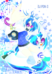 Size: 564x800 | Tagged: safe, artist:nabebuta, imported from derpibooru, dj pon-3, vinyl scratch, human, pony, unicorn, devil horn (gesture), heart, horn, horned humanization, human ponidox, humanized, music notes, self paradox, self ponidox, vinyl's glasses