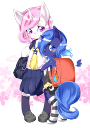 Size: 705x1000 | Tagged: safe, artist:nabebuta, imported from derpibooru, princess celestia, princess luna, alicorn, pony, semi-anthro, bipedal, cewestia, clothes, duo, female, filly, looking at you, pink-mane celestia, school uniform, simple background, socks, striped socks, white background, woona, younger