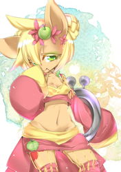 Size: 846x1200 | Tagged: safe, artist:nabebuta, imported from derpibooru, applejack, earth pony, semi-anthro, apple, bare midriff, belly button, clothes, food, green apple, implied big macintosh, solo