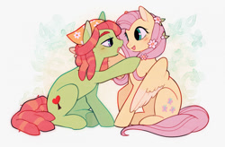 Size: 1280x838 | Tagged: safe, artist:serafelis, imported from derpibooru, fluttershy, tree hugger, earth pony, pegasus, pony, blushing, duo, eyebrows, female, flower, flower in hair, flutterhugger, g4, lesbian, mare, one wing out, shipping, smiling, wings