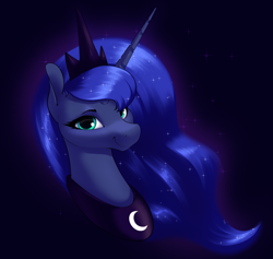 Size: 2585x2450 | Tagged: safe, artist:aquaticvibes, imported from derpibooru, princess luna, alicorn, pony, blue background, bust, diadem, ethereal mane, female, high res, looking at you, mare, peytral, portrait, simple background, smiling, smiling at you, solo, starry mane