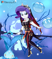 Size: 1640x1858 | Tagged: safe, artist:tabrony23, imported from derpibooru, rarity, equestria girls, beautiful, boots, breasts, busty rarity, cape, clothes, cosplay, costume, crown, cute, female, genshin impact, gloves, high res, jewelry, lidded eyes, patreon, patreon logo, regalia, rosaria (genshin impact), shoes, short hair, show accurate, slimes (genshin impact), snow, snowflake, socks, solo, spear, thigh highs, weapon, whopperflower (genshin impact)