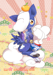 Size: 708x1000 | Tagged: safe, artist:nabebuta, imported from derpibooru, oc, oc only, oc:vapor trail, pegasus, pony, clothes, fruit, happy new year, happy new year 2016, holiday, japanese flag, kimono (clothing)