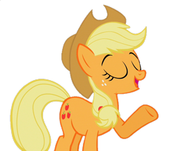 Size: 828x720 | Tagged: safe, edit, edited screencap, imported from derpibooru, screencap, applejack, earth pony, pony, call of the cutie, season 1, applejack's hat, background removed, cowboy hat, eyes closed, female, freckles, hat, hooves, mare, not a vector, open mouth, open smile, raised hoof, simple background, smiling, solo, transparent background