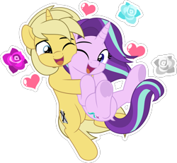 Size: 5410x5000 | Tagged: safe, artist:jhayarr23, imported from derpibooru, starlight glimmer, oc, oc:sunlight bolt, earth pony, pony, absurd resolution, canon x oc, commission, cute, female, flower, glimmbolt, hearts and hooves day, holiday, looking at each other, looking at someone, male, mare, one eye closed, open mouth, open smile, rose, shipping, simple background, smiling, snuggling, stallion, straight, tail, transparent background, underhoof, valentine's day, vector, ych result