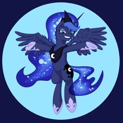 Size: 2297x2298 | Tagged: safe, artist:khaki-cap, imported from derpibooru, princess luna, alicorn, crown, digital art, female, flying, jewelry, looking at you, mare, redraw, regalia, simple, simple background, simple shading, smiling, smiling at you, spread wings, wings