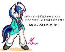 Size: 1280x1025 | Tagged: safe, artist:halnohiroka, imported from derpibooru, shining armor, pony, unicorn, bipedal, clothes, japanese, looking at you