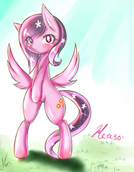 Size: 1280x1643 | Tagged: safe, artist:halnohiroka, imported from derpibooru, oc, oc only, pegasus, pony, bipedal, blushing, eye clipping through hair, female, grass, grass field, looking at you, mare, not cadance, signature, solo, sparkles, sparkling mane, spread wings, standing on two hooves, wings