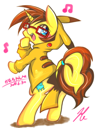 Size: 600x800 | Tagged: safe, artist:halnohiroka, imported from derpibooru, pikachu, pony, unicorn, bipedal, clothes, glasses, hoodie, music notes, pokémon