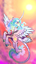 Size: 1024x1824 | Tagged: safe, artist:malinraf1615, imported from derpibooru, princess celestia, pony, alternate design, cloven hooves, curved horn, flying, horn, leonine tail, looking back, smiling, solo, spread wings, tail, tail wings, unshorn fetlocks, wings