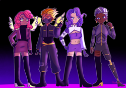 Size: 4096x2857 | Tagged: safe, artist:panimeko, imported from derpibooru, rarity, spitfire, strawberry sunrise, zecora, cyborg, human, alternate hairstyle, amputee, artificial wings, augmented, belly button, belt, blushing, boots, bracelet, clothes, cyberpunk, dark skin, ear piercing, earring, female, fingerless gloves, gas mask, glasses, gloves, high heel boots, horn, horned humanization, humanized, jacket, jewelry, leather jacket, lip piercing, mask, midriff, piercing, prosthetic leg, prosthetic limb, prosthetic wing, prosthetics, shoes, shorts, skirt, sleeveless, snake bites, sweater, tattoo, thigh boots, tube top, winged humanization, wings