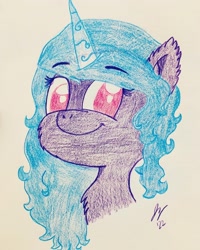 Size: 1440x1800 | Tagged: safe, artist:jesslmc16, imported from derpibooru, izzy moonbow, pony, unicorn, colored pencil drawing, drawing, female, g5, looking at you, mare, my little pony: a new generation, signature, simple background, smiling, solo, traditional art, white background