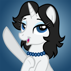 Size: 450x450 | Tagged: safe, artist:tim-kangaroo, imported from derpibooru, pony, unicorn, 2014, eyebrows, eyelashes, female, horn, jewelry, kazumi evans, looking at you, mare, necklace, open mouth, open smile, pearl necklace, ponified, smiling, smiling at you, solo