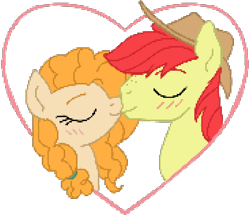 Size: 894x769 | Tagged: safe, artist:dyonys, imported from derpibooru, bright mac, pear butter, the perfect pear, blushing, februpony, female, freckles, hat, heart, husband and wife, kissing, male, pixel art, shipping, simple background, straight, transparent background