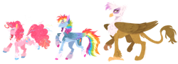 Size: 1280x466 | Tagged: safe, artist:wanderingpegasus, imported from derpibooru, gilda, pinkie pie, rainbow dash, earth pony, griffon, pegasus, pony, the lost treasure of griffonstone, alternate hairstyle, blushing, chest fluff, coat markings, colored hooves, cute, diapinkes, eyes closed, facial markings, feathered fetlocks, februpony, female, fluffy, fluffy mane, fluffy tail, freckles, grin, mare, markings, open mouth, pale belly, raised hoof, raised leg, redesign, simple background, smiling, snip (coat marking), socks (coat markings), tail, transparent background, trio, unshorn fetlocks