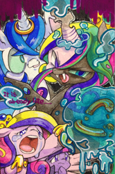 Size: 852x1280 | Tagged: safe, artist:mosamosa_n, imported from derpibooru, princess cadance, queen chrysalis, shining armor, twilight sparkle, alicorn, changeling, changeling queen, pony, unicorn, female, traditional art