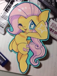 Size: 768x1024 | Tagged: safe, artist:mosamosa_n, imported from derpibooru, fluttershy, pegasus, pony, looking at you, one eye closed, salute, solo, starry eyes, stars, traditional art, wingding eyes, wink, winking at you