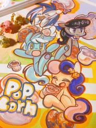 Size: 768x1024 | Tagged: safe, artist:mosamosa_n, imported from derpibooru, bon bon, dj pon-3, lyra heartstrings, octavia melody, sweetie drops, vinyl scratch, earth pony, unicorn, food, painting, photo, popcorn, traditional art