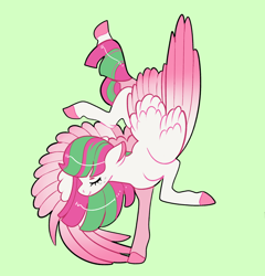Size: 2300x2400 | Tagged: safe, artist:loryska, imported from derpibooru, blossomforth, pegasus, pony, februpony, female, flexible, freckles, green background, mare, simple background, smiling, solo, that pony sure is flexible