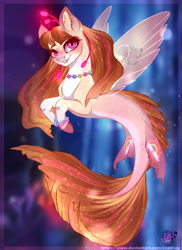Size: 1280x1757 | Tagged: safe, artist:copshop, imported from derpibooru, oc, oc only, pegasus, pony, seapony (g4), brown mane, bubble, coral, cute, dorsal fin, female, fin wings, fins, fish tail, flowing mane, flowing tail, glowing, jewelry, logo, looking at you, mare, necklace, ocean, pink eyes, seaponified, seaquestria, smiling, smiling at you, solo, species swap, tail, underwater, water, wings
