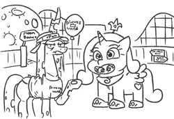 Size: 944x644 | Tagged: safe, artist:jargon scott, imported from derpibooru, princess cadance, queen chrysalis, changeling, changeling queen, pony, balloon, black and white, clothes, costume, duo, female, frown, grayscale, hoof hold, monochrome, queen chrysalis is not amused, shirt, theme park, unamused