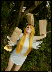 Size: 1024x1412 | Tagged: safe, artist:krazykari, imported from derpibooru, derpy hooves, human, clothes, cosplay, costume, food, irl, irl human, muffin, nightmare night costume, paper bag, paper bag wizard, photo