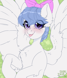 Size: 1060x1226 | Tagged: safe, artist:shinizavr, imported from derpibooru, oc, oc only, pegasus, pony, avatar, blushing, bow, chest fluff, ear fluff, hair bow, looking at you, smiling, smiling at you, solo, tongue out