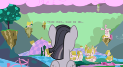 Size: 3552x1942 | Tagged: safe, artist:estories, artist:wardex101, artist:zvn, edit, imported from derpibooru, twilight sparkle, alicorn, pony, bad end, chaos, cloud, cotton candy, cotton candy cloud, discorded, discorded landscape, discorded twilight, female, floating island, food, green sky, ponyville, sad, scenery, solo, text, twilight sparkle (alicorn), twilight tragedy