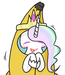 Size: 640x740 | Tagged: safe, artist:batipin, imported from derpibooru, princess celestia, pony, banana, banana costume, bananalestia, blushing, clothes, costume, eyes closed, food, food costume, open mouth, solo