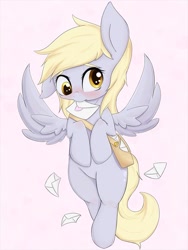 Size: 675x900 | Tagged: safe, artist:zokkili, imported from derpibooru, derpy hooves, pegasus, pony, blushing, flying, heart, mail, mailbag, pink background, simple background