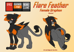 Size: 5625x3930 | Tagged: safe, artist:tuzz-arts, imported from derpibooru, oc, oc:flare feather, griffon, butt, female, griffon oc, paws, raised tail, reference sheet, solo, solo female, tail, text