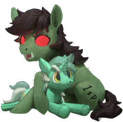 Size: 1500x1487 | Tagged: safe, artist:rhorse, lyra heartstrings, oc, oc only, oc:rot, goblin, pony, female, i'm just a little goblin, lyra plushie, mare, plushie, plushie sex toy, ponerpics community collab 2022, simple background, transparent background, whiskers