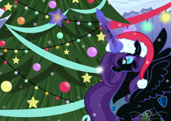 Size: 16664x11803 | Tagged: safe, artist:silverarrow87, imported from derpibooru, oc, oc only, oc:nyx, alicorn, fanfic:past sins, absurd resolution, alicorn oc, christmas, christmas tree, decoration, hat, holiday, horn, older, older nyx, princess, santa hat, snow, snowflake, solo, tree, wings