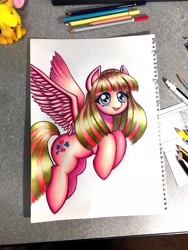 Size: 1536x2048 | Tagged: safe, artist:shikabane_gom, imported from derpibooru, applejack, oc, oc:milky berry, pegasus, pony, flying, heart, pencil, plushie, traditional art