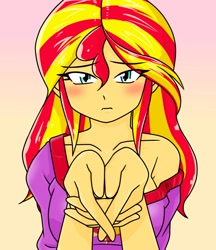 Size: 640x740 | Tagged: safe, alternate version, artist:batipin, imported from derpibooru, sunset shimmer, equestria girls, blushing, breasts, busty sunset shimmer, cleavage, clothes, female, looking at you, multiple variants, off shoulder, pajamas, sad, simple background, solo, sunsad shimmer