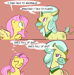 Size: 1800x1821 | Tagged: safe, artist:skunkstripe, imported from derpibooru, cactus rose, fluttershy, abada, pegasus, pony, 2 panel comic, comic, dialogue, duo, eyes closed, female, mare, open mouth, simple background, swearing, thought bubble, vulgar