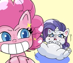 Size: 1480x1280 | Tagged: safe, artist:batipin, imported from derpibooru, pinkie pie, rarity, earth pony, pony, unicorn, my little pony: pony life, duo, fat, g4.5, gritted teeth, open mouth, raritubby, simple background, sweat, sweatdrops, yellow background