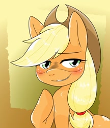 Size: 1280x1480 | Tagged: safe, artist:batipin, imported from derpibooru, applejack, earth pony, pony, applejack's hat, blushing, cowboy hat, freckles, hat, looking at you, solo