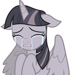 Size: 3504x3758 | Tagged: safe, anonymous artist, artist:pink1ejack, edit, imported from derpibooru, twilight sparkle, alicorn, pony, starlight the hypnotist, spoiler:interseason shorts, crying, discorded, discorded twilight, eyes closed, female, floppy ears, high res, horn, mare, sad, simple background, sitting, solo, transparent background, twilight sparkle (alicorn), twilight tragedy, vector, wings