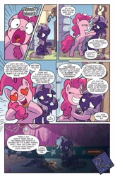 Size: 1041x1600 | Tagged: safe, artist:michela cacciatore, idw, imported from derpibooru, pinkie pie, earth pony, pony, unicorn, spoiler:comic, spoiler:comicgenerations05, bipedal, clothes, comic, crying, faic, female, heart eyes, hug, mare, my little pony: generations, sad, shirt, t-shirt, violet shiver, wingding eyes