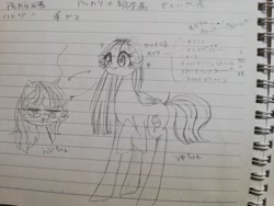 Size: 2048x1536 | Tagged: safe, artist:destroyer_aky, imported from derpibooru, oc, oc only, oc:milky berry, pegasus, pony, glasses, japanese, lined paper, sketch, sparkles, traditional art