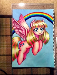 Size: 1536x2048 | Tagged: safe, artist:shikabane_gom, imported from derpibooru, oc, oc only, oc:milky berry, pegasus, pony, flying, heart, rainbow, solo, traditional art