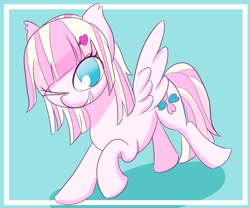 Size: 1200x1000 | Tagged: safe, artist:chocodamai, imported from derpibooru, oc, oc only, oc:milky berry, pegasus, pony, looking at you, looking back, one eye closed, smiling, smiling at you, wink, winking at you