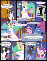 Size: 1042x1364 | Tagged: safe, artist:dendoctor, editor:dendoctor, imported from derpibooru, princess cadance, princess celestia, princess luna, raven, alicorn, pony, unicorn, comic:dusk shine in pursuit of happiness, alicorn triarchy, breakfast, cake, cakelestia, chair, clipboard, coffee, cup, flower, food, glasses, grumpy, implied dusk shine, implied wedding, magic, pancakes, ravenbetes, s1 luna, smiling, spanish, spanish text, spitting, surprised, telekinesis, translation, translator:dendoctor, vase, window