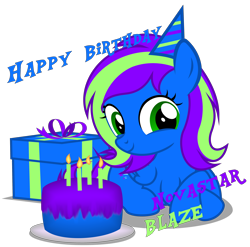 Size: 3640x3590 | Tagged: safe, artist:strategypony, imported from derpibooru, oc, oc only, oc:novastar blaze, pegasus, birthday, birthday gift, cake, cute, female, filly, foal, food, happy birthday, hat, party hat, pegasus oc, present, simple background, sitting, smiling, text, transparent background