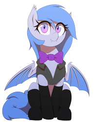 Size: 1250x1500 | Tagged: safe, artist:thebatfang, imported from derpibooru, oc, oc only, oc:lucky roll, bat pony, bat pony oc, bat wings, blue mane, bowtie, clothes, female, gradient eyes, looking at you, ponerpics community collab 2022, simple background, smiling, socks, solo, stockings, thigh highs, transparent background, vest, wings